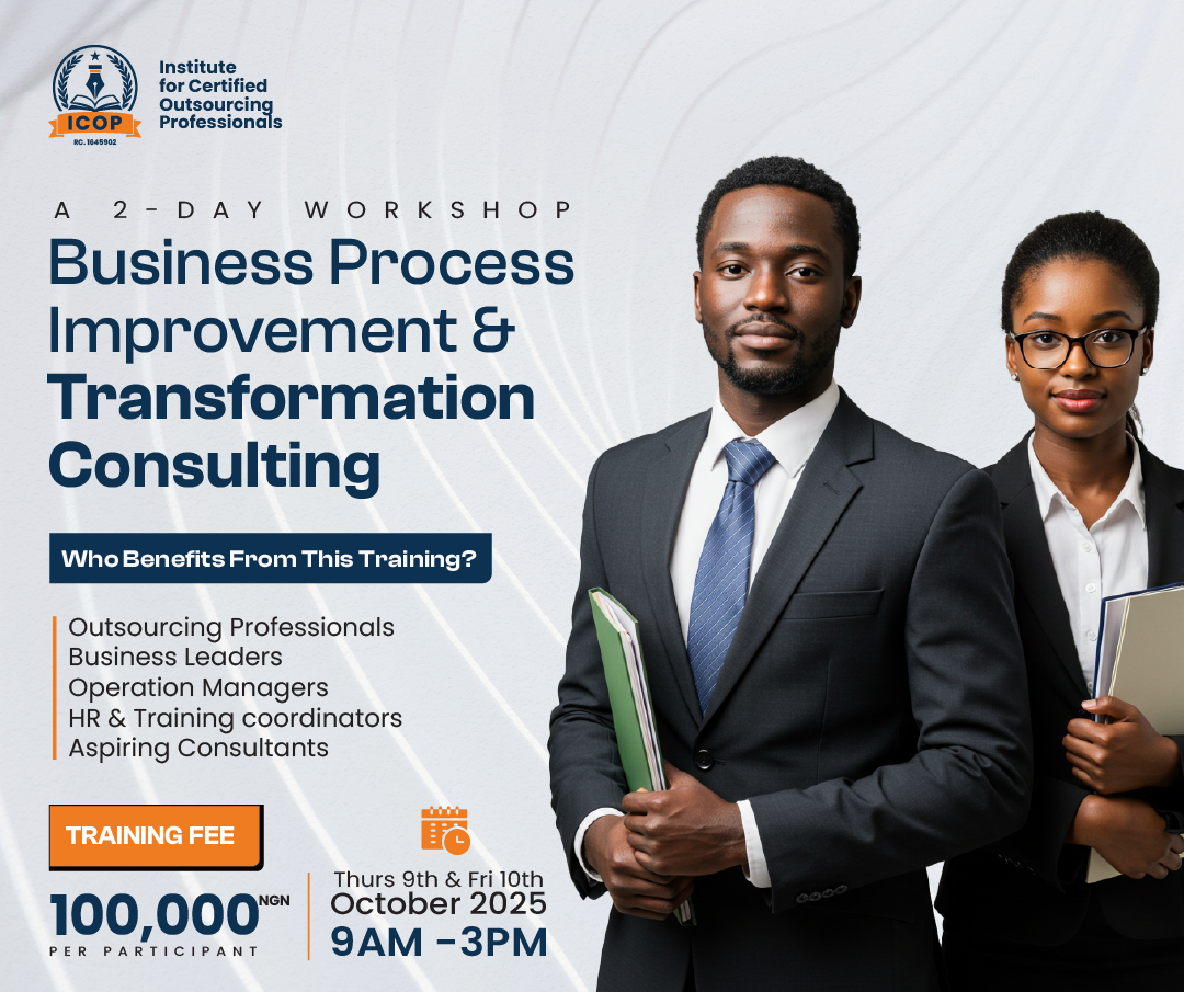 A flyer for a 2 day professional training for Business process improvement along the image of of two professionals, A male and a female